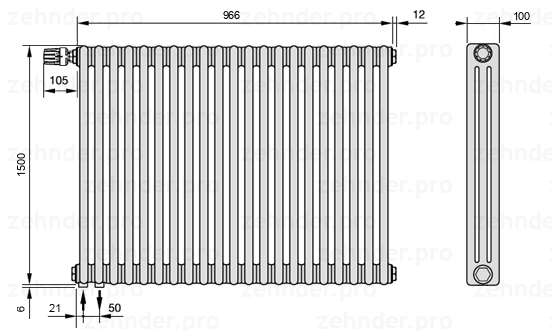 Схема (чертеж) Радиатор Zehnder Charleston 3150/21 №V001 Белый глянцевый RAL 9016